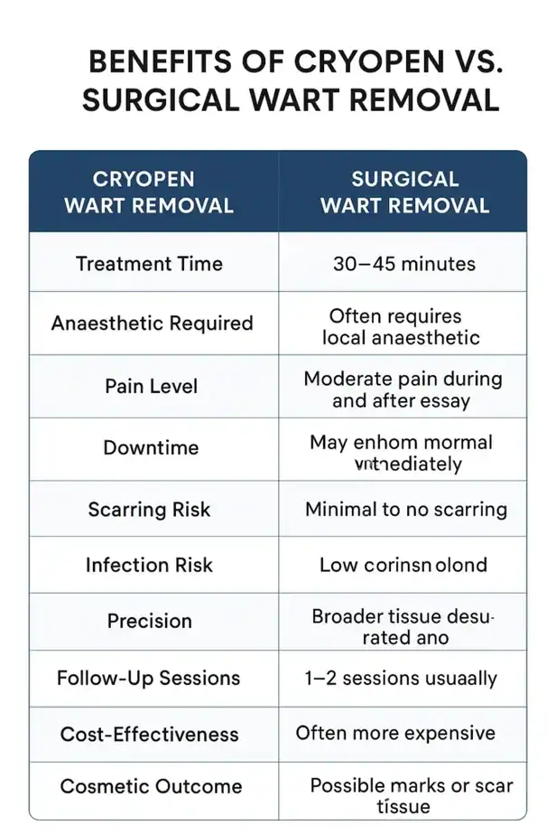 Table showing the benefits of cryopen to remove warts Northwood compared to surgical treatment